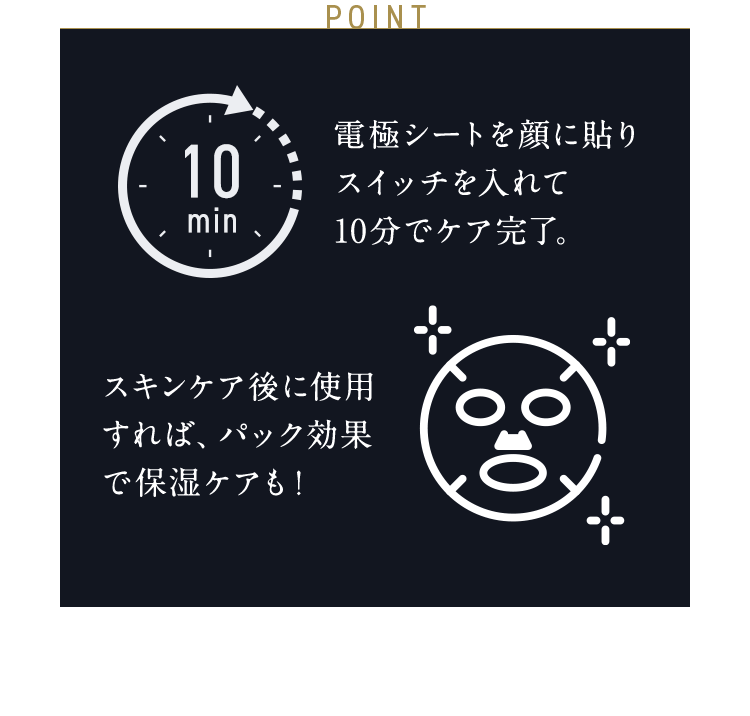 POINT 電極シートを顔に貼り スイッチを入れて 10分でケア完了。スキンケア後に使用すれば、パック効果で保湿ケアも!