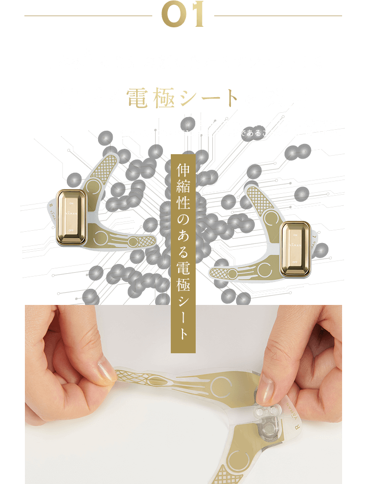 01 日本初※!あなたの顔に合わせてフィットする 伸びる電極シートを採用 ※日本マーケティングリサーチ機構調べ。 調査概要:2023年10月期_日本初であることの証明・検証調査。伸縮性のある電極シート