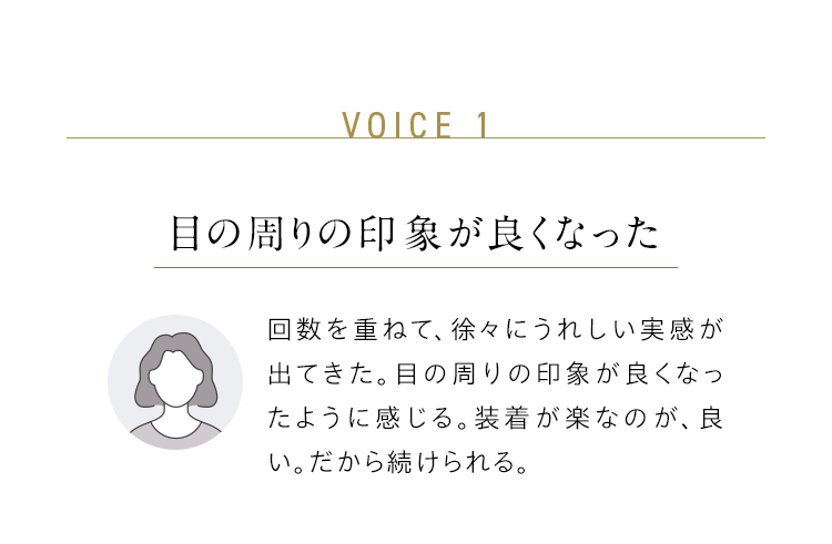 VOICE 1:目の周りの印象が良くなった/回数を重ねて、徐々にうれしい実感が出てきた。目の周りの印象が良くなったように感じる。装着が楽なのが、良い。だから続けられる。